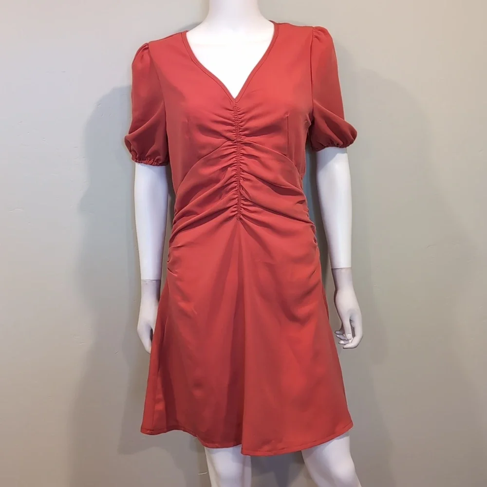 SHEIN Coral Pink V Neck Ruched Front Short Sleeve Mini Dress Size Medium